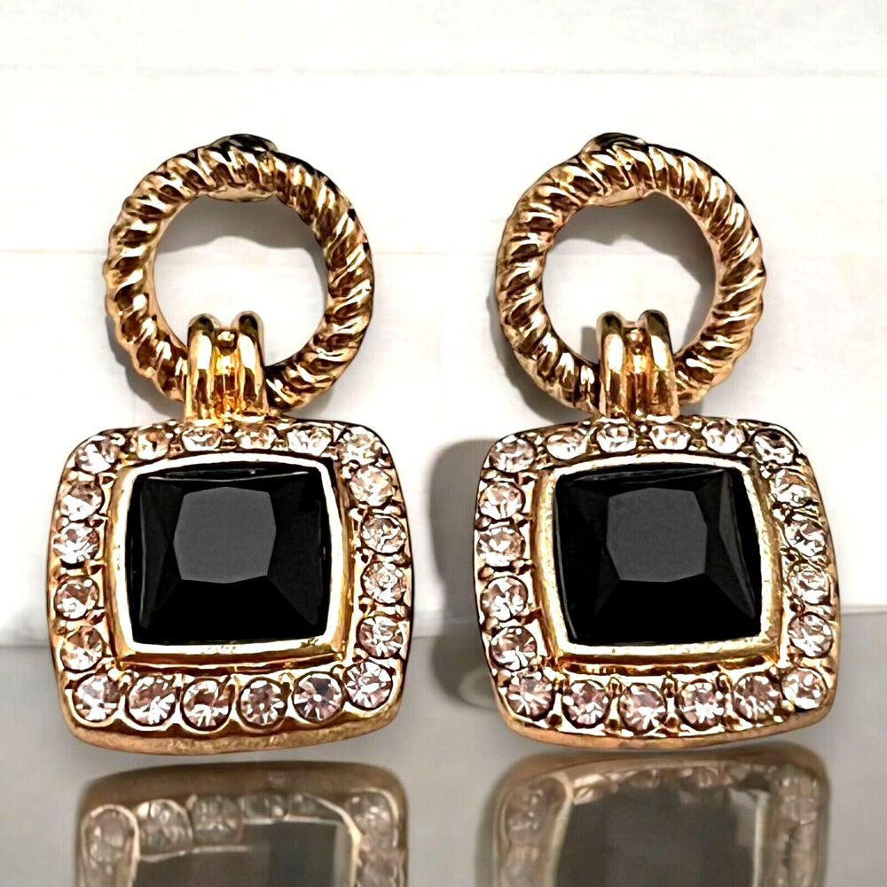 Vintage 1980s Drop Earrings Black Faceted Stone Rhinestone Gold Tone - 11D